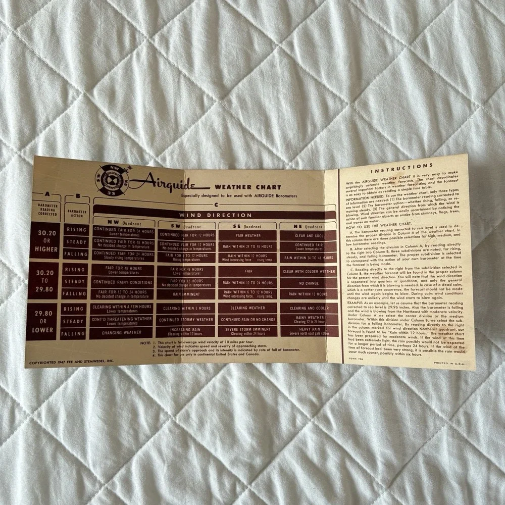 1947 Airguide Barometer Instruction Pamphlet Weather Chart F3 Humidity‎ Health